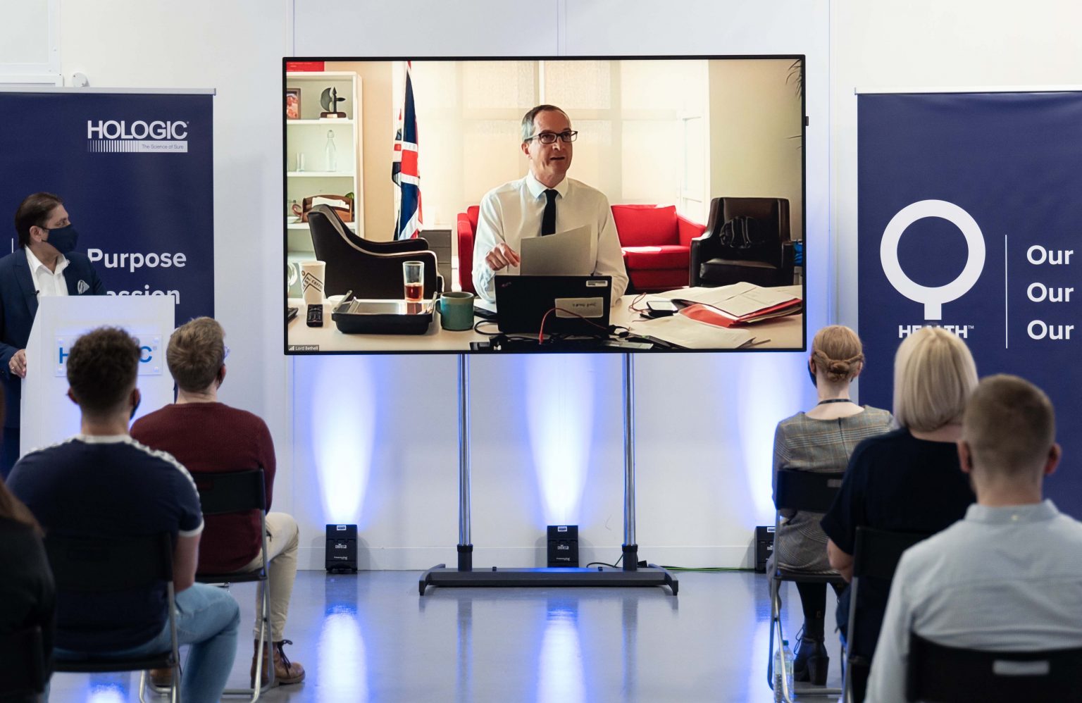 Minister for Health, Lord Bethell, addressing the Hologic staff via live video link during live stream