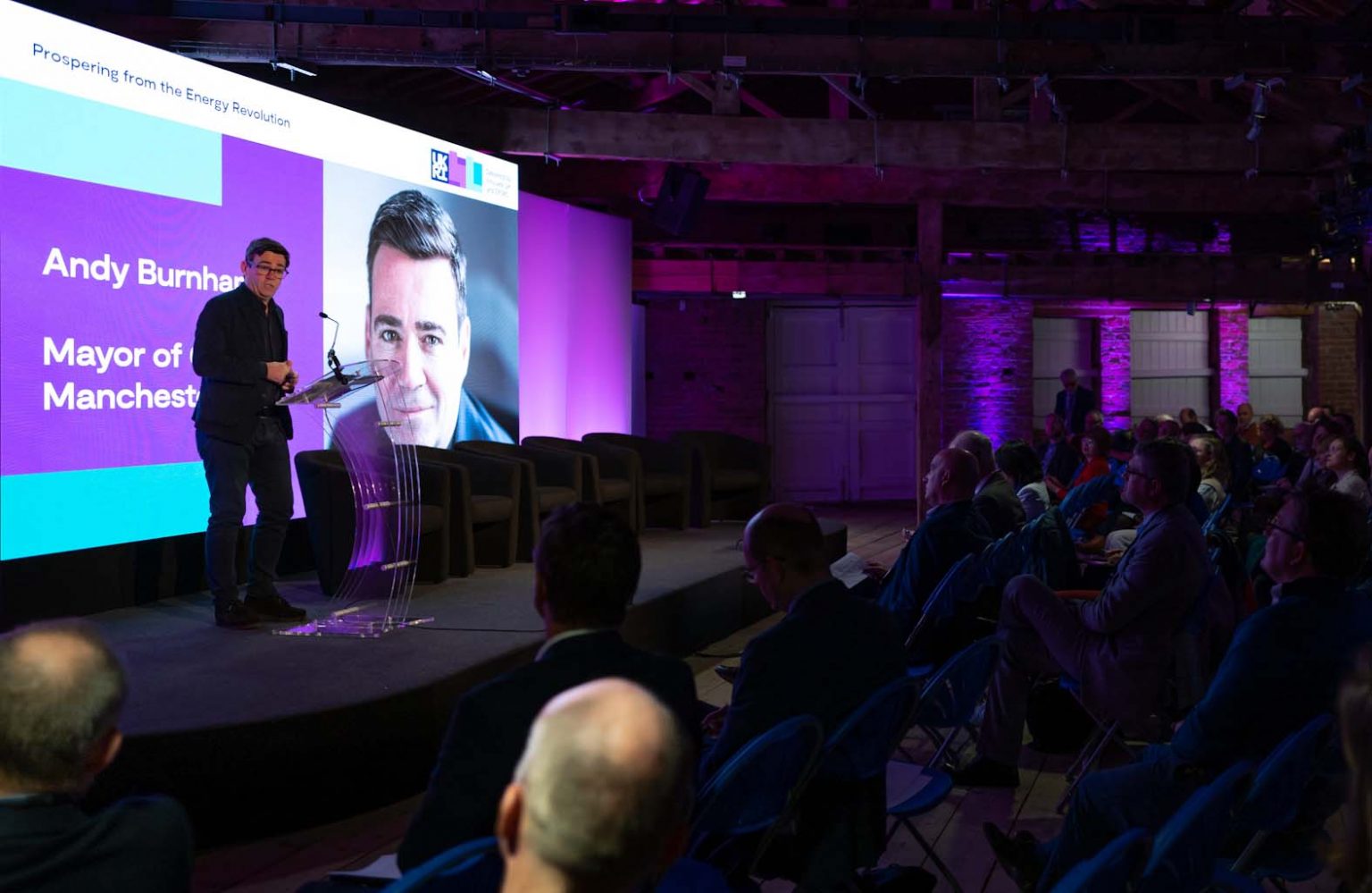 Andy Burnham, Mayor of Manchester, onstage at PFER Event during live stream at Manchester Science and Industry Museum