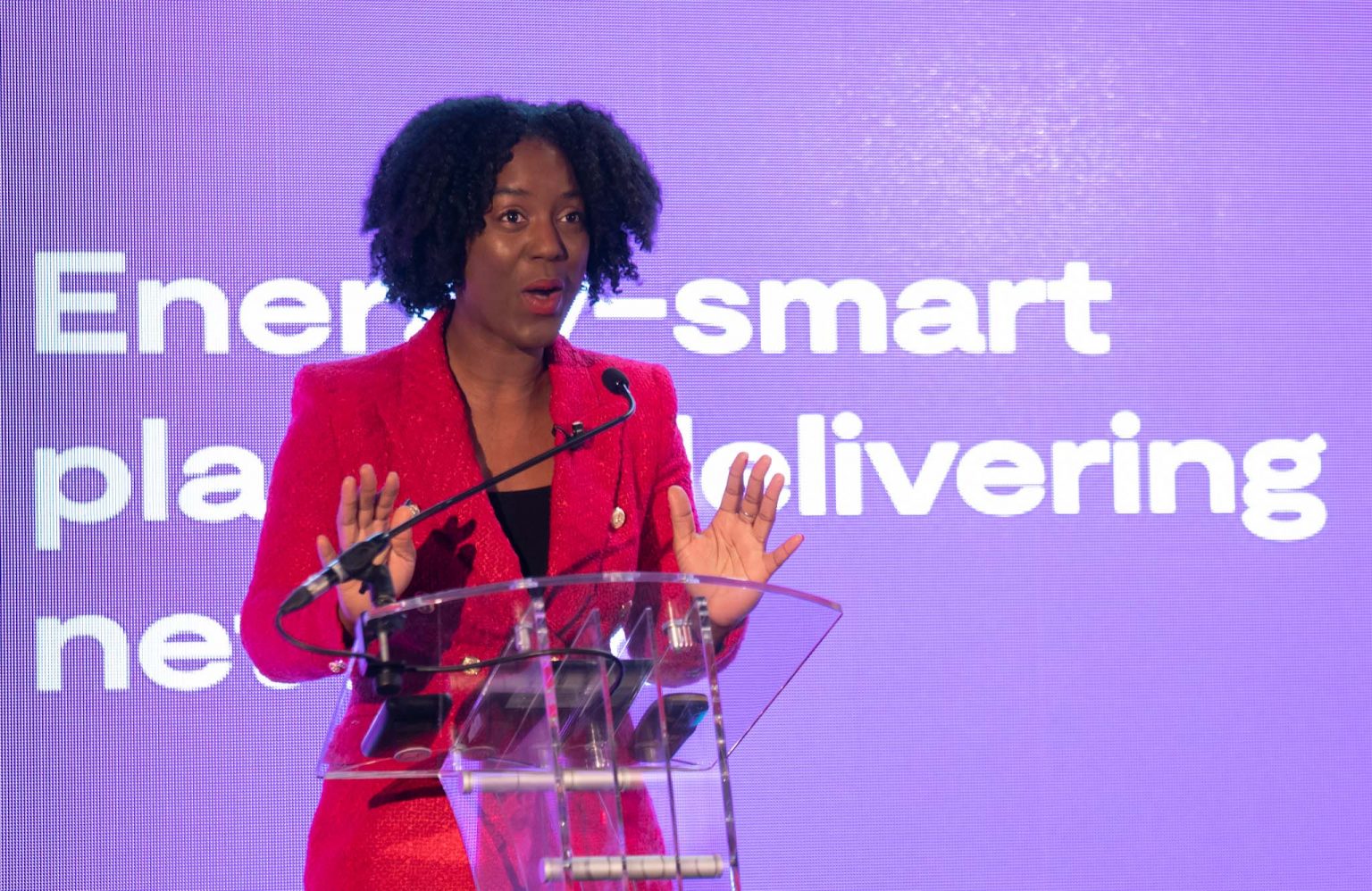 Speaker onstage at PFER Event during live stream at Manchester Science and Industry Museum