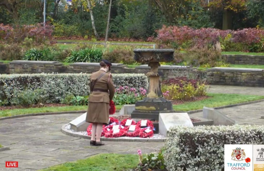 Army Officer laying wreath at Remembrance Sunday Service Live Streamed for Trafford Council