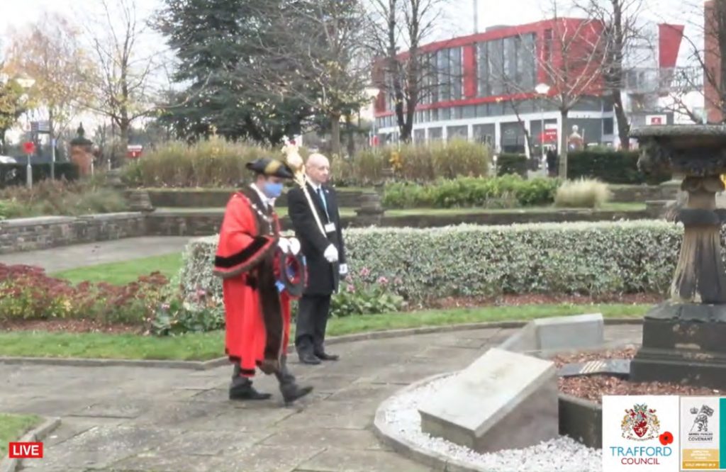 Mayor laying wreath at Remembrance Sunday Service Live Streamed for Trafford Council