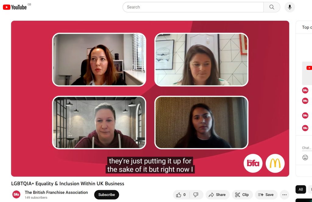 4 people presenting a live stream with a 4 way split screen branded graphic overlay