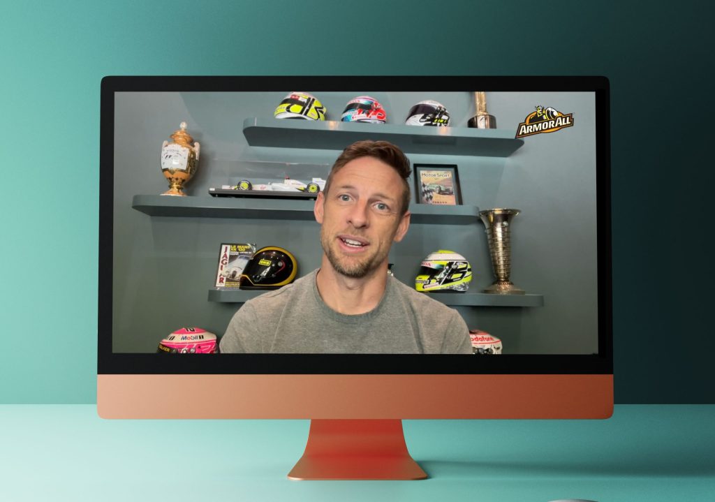 Jenson Button speaking during live stream production for virtual event